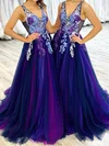 Ball Gown/Princess Floor-length V-neck Tulle Appliques Lace Prom Dresses #UKM020113390