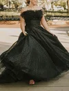 A-line Strapless Glitter Sweep Train Prom Dresses With Feathers / Fur #UKM020113394