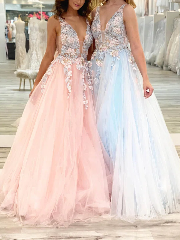 Ball Gown/Princess Floor-length V-neck Tulle Appliques Lace Prom Dresses #UKM020113397