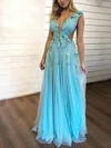 A-line V-neck Tulle Floor-length Prom Dresses With Beading #UKM020113407