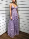 A-line V-neck Lace Floor-length Prom Dresses #UKM020113408