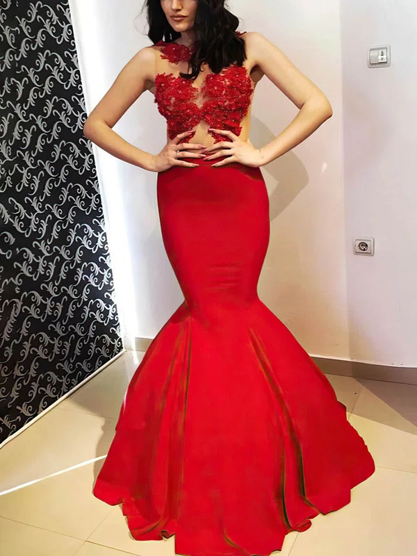 Trumpet/Mermaid Scoop Neck Stretch Crepe Floor-length Prom Dresses With Appliques Lace #UKM020113437