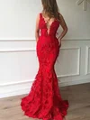 Trumpet/Mermaid V-neck Lace Floor-length Prom Dresses With Feathers / Fur #UKM020113441