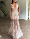 Sheath/Column V-neck Tulle Floor-length Prom Dresses With Feathers / Fur #UKM020113442