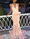 Trumpet/Mermaid Halter Jersey Sweep Train Prom Dresses With Appliques Lace #UKM020113446