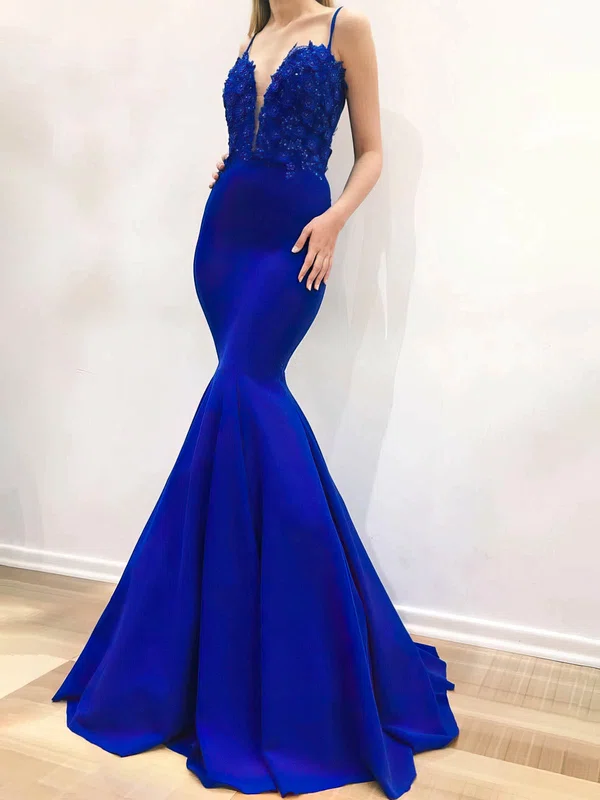 Trumpet/Mermaid V-neck Stretch Crepe Floor-length Prom Dresses With Appliques Lace #UKM020113449