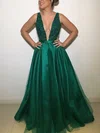 A-line V-neck Satin Tulle Floor-length Prom Dresses With Beading #UKM020113450