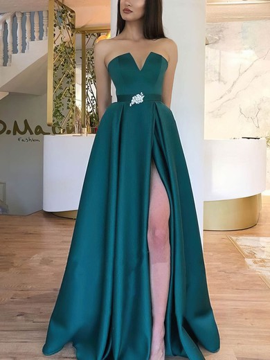 A-line Strapless Satin Floor-length Prom Dresses With Split Front #UKM020113462