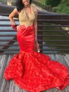 Trumpet/Mermaid Halter Satin Sweep Train Prom Dresses With Appliques Lace #UKM020113475