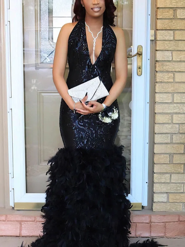 Trumpet/Mermaid Halter Sequined Sweep Train Prom Dresses With Feathers / Fur #UKM020113479