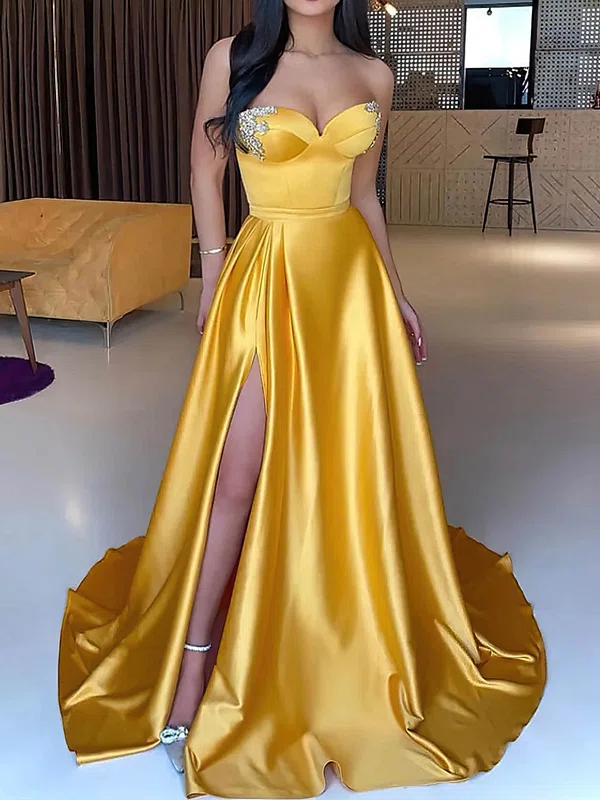 A-line V-neck Silk-like Satin Sweep Train Prom Dresses With Split Front #UKM020113507