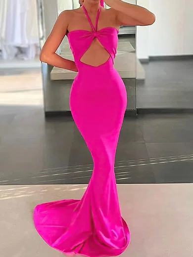 Sheath/Column V-neck Stretch Crepe Sweep Train Prom Dresses #UKM020113511