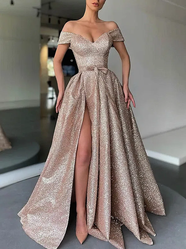 Princess Off-the-shoulder Shimmer Crepe Floor-length Prom Dresses With Split Front #UKM020113512