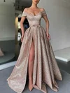 Ball Gown/Princess Floor-length Off-the-shoulder Shimmer Crepe Sashes / Ribbons Prom Dresses #UKM020113512