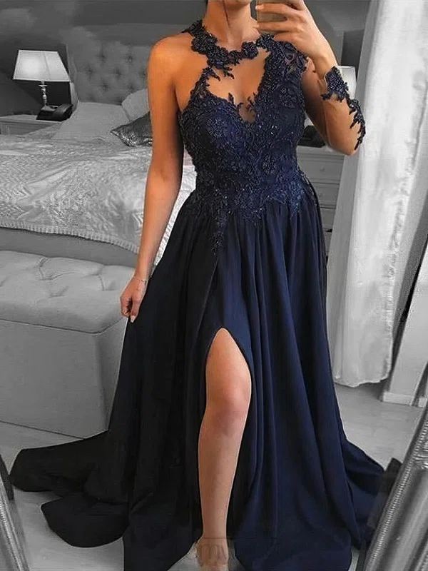 A-line Sweep Train Scoop Neck Silk-like Satin Long Sleeves Appliques Lace Prom Dresses #UKM020113517