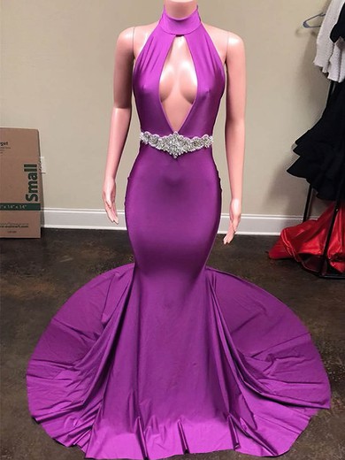 Mermaid High Neck Jersey Backless Cut Out Prom Dresses With Beading #UKM020113520