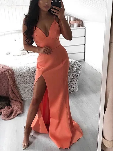 Sheath/Column V-neck Stretch Crepe Sweep Train Prom Dresses With Split Front #UKM020113530