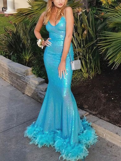 Trumpet/Mermaid V-neck Sequined Floor-length Prom Dresses With Feathers / Fur #UKM020113531
