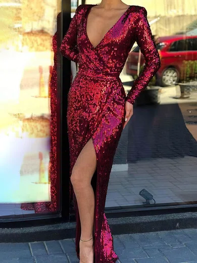 Sparkly Burgundy Sequin Sheath/Column Split Maxi Dress PT020113532