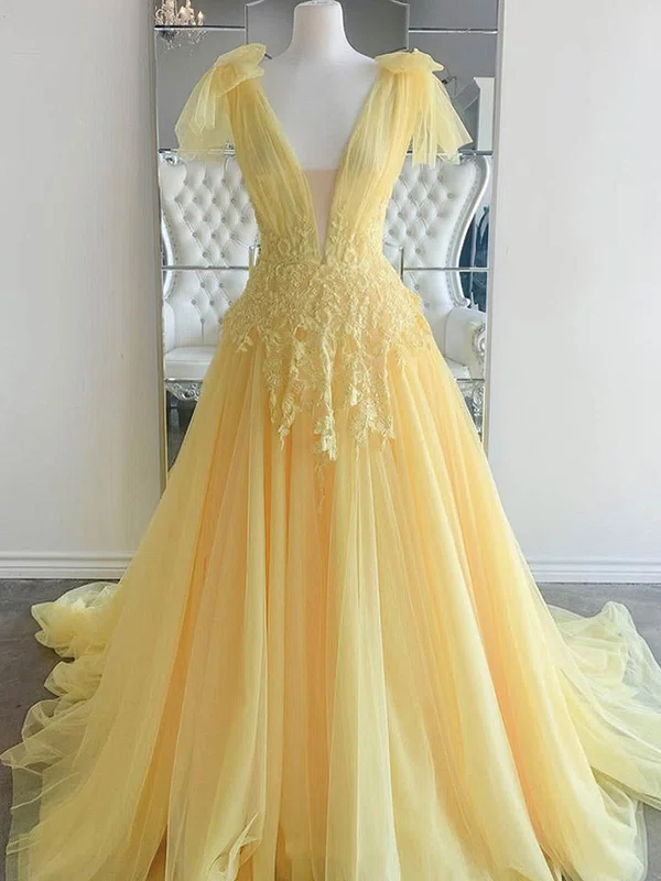 Ball Gown V-neck Tulle Sweep Train Prom Dresses With Appliques Lace #UKM020113536