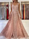 A-line V-neck Lace Detachable Prom Dresses With Sashes / Ribbons #UKM020113537
