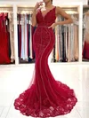 Trumpet/Mermaid V-neck Tulle Sweep Train Prom Dresses With Appliques Lace #UKM020113540