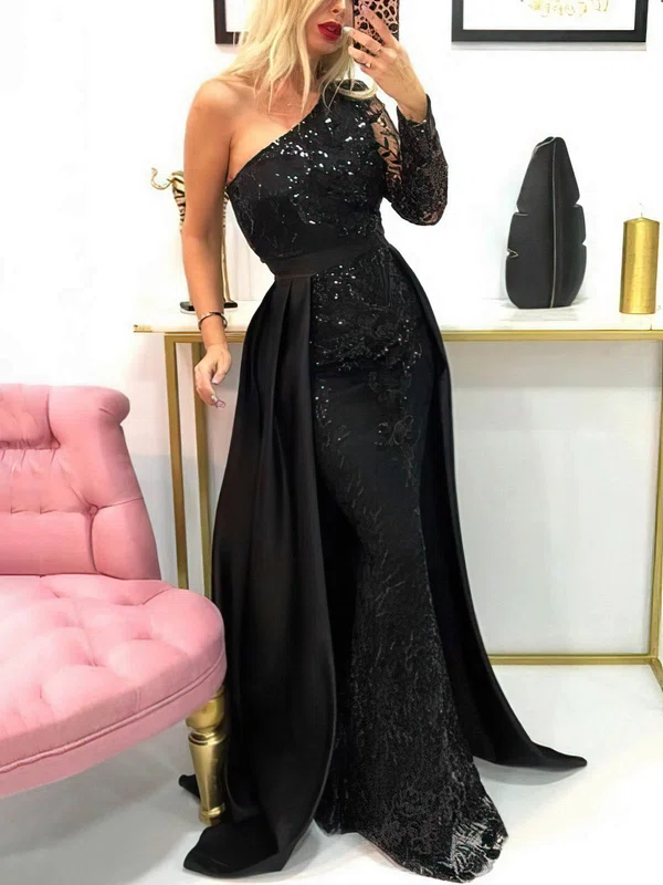 Ball Gown One Shoulder Lace Satin Sweep Train Prom Dresses #UKM020113555