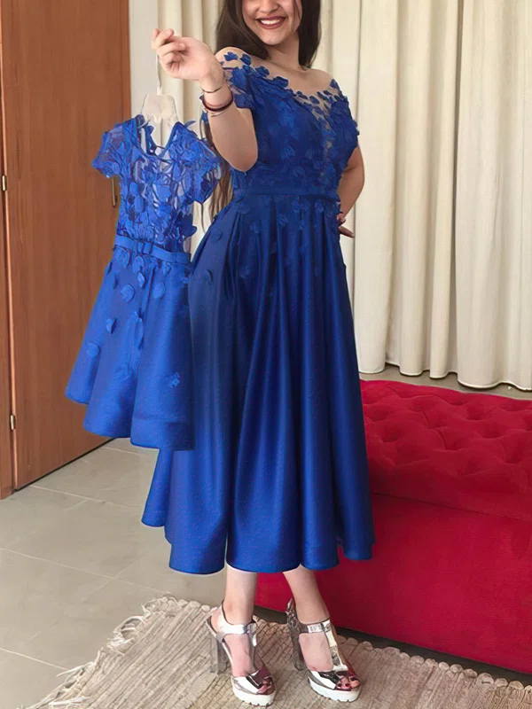 A-line Scoop Neck Satin Tea-length Prom Dresses With Appliques Lace #UKM020113562