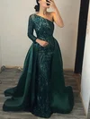 Ball Gown One Shoulder Satin Sequined Sweep Train Sequins Prom Dresses #UKM020113566