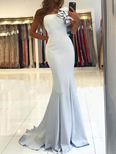 Trumpet/Mermaid One Shoulder Stretch Crepe Sweep Train Prom Dresses With Cascading Ruffles #UKM020113582
