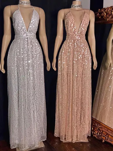 A-line V-neck Floor-length Sparkly Sequin Prom Dresses #UKM020113585