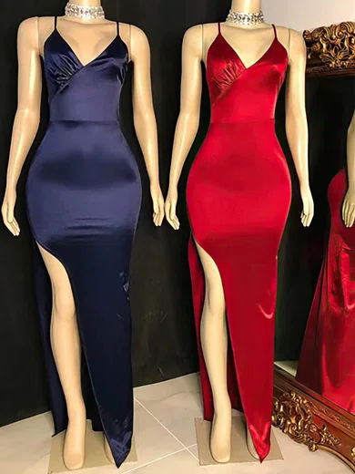 Sheath/Column V-neck Floor-length Satin Prom Dresses #UKM020113586
