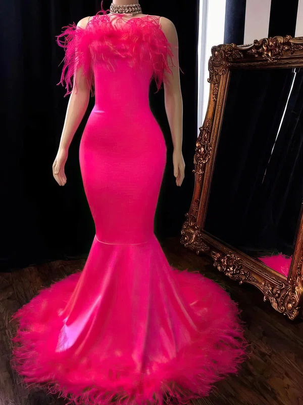 Trumpet/Mermaid Strapless Stretch Crepe Sweep Train Prom Dresses With Feathers / Fur #UKM020113587