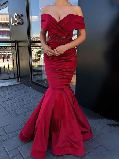 Trumpet/Mermaid Off-the-shoulder Satin Floor-length Prom Dresses With Appliques Lace #UKM020113592