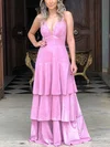A-line V-neck Shimmer Crepe Floor-length Prom Dresses With Tiered #UKM020113596