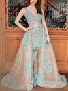A-line V-neck Tulle Sweep Train Prom Dresses With Appliques Lace #UKM020113599