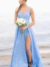 A-line Square Neckline Lace Floor-length Prom Dresses With Split Front #UKM020113603
