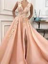 Ball Gown/Princess Sweep Train V-neck Tulle Appliques Lace Prom Dresses #UKM020113604