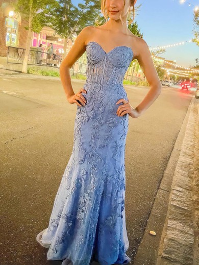 Sheath/Column Sweetheart Lace Sweep Train Prom Dresses With Appliques Lace #UKM020113608