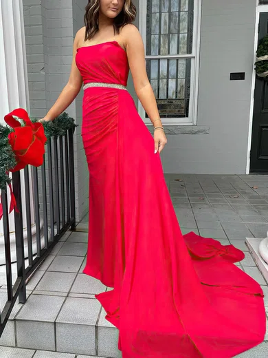 Sheath/Column Strapless Silk-like Satin Sweep Train Prom Dresses With Beading #UKM020113616
