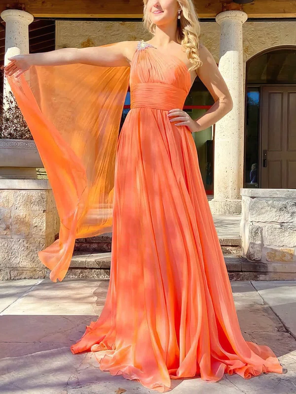 A-line One Shoulder Chiffon Sweep Train Prom Dresses With Beading #UKM020113617