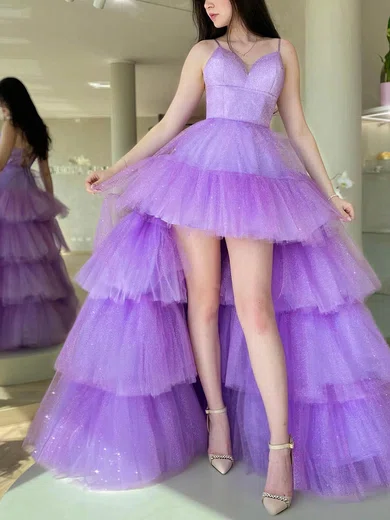 Ball Gown V-neck Asymmetrical Tulle Tiered Prom Dresses #UKM020113621