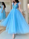 Ball Gown V-neck Tulle Sequined Ankle-length Feathers / Fur Prom Dresses #UKM020113622