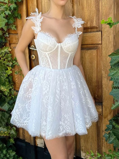 A-line V-neck Lace Short/Mini Short Prom Dresses With Appliques Lace #UKM020113623