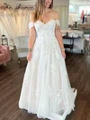 A-line Off-the-shoulder Tulle Floor-length Prom Dresses With Appliques Lace #UKM020113626