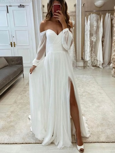 A-line Sweep Train Off-the-shoulder Chiffon Long Sleeves Split Front Prom Dresses #UKM020113628