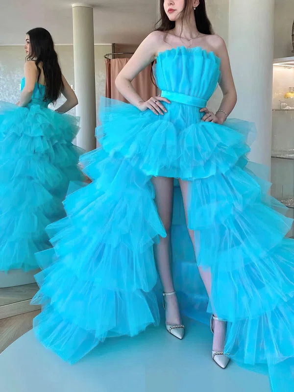 A-line Strapless Tulle Asymmetrical Prom Dresses With Tiered #UKM020113629
