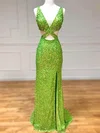 Sheath/Column V-neck Sequined Sweep Train Prom Dresses With Split Front #UKM020113630