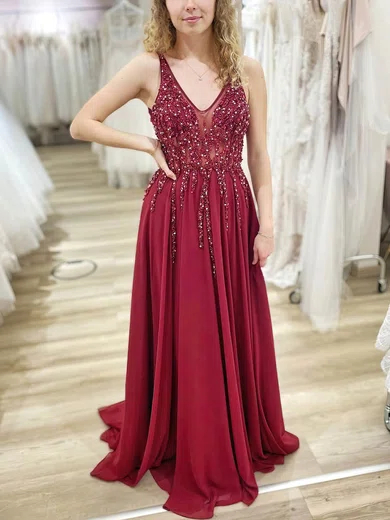 A-line V-neck Chiffon Sweep Train Prom Dresses With Beading #UKM020113633