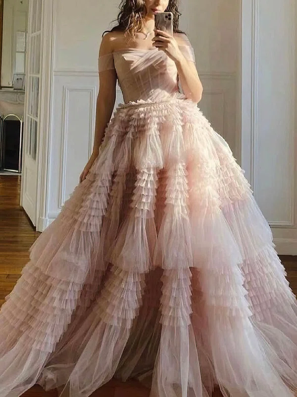 Ball Gown Off-the-shoulder Tulle Sweep Train Prom Dresses With Tiered #UKM020113635